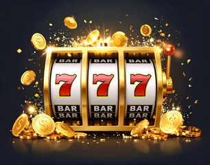 Golden slot machine with winning combination of triple sevens and bar symbols, surrounded by sparkling coins and glowing light effects, symbolizing jackpot and casino luck.