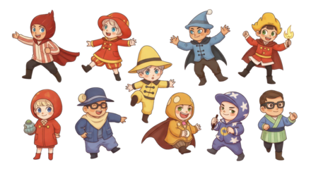 Adorable cartoon kids dressed up as fantasy characters having fun playing pretend games together illustration