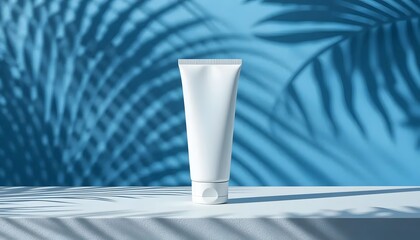 White tube of cream against a blue background with leaf shadows on the surface and backdrop