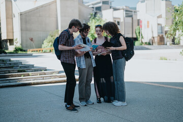 Fototapeta premium A group of students gathered outdoors in a school courtyard, discussing their work on a sunny day. They appear engaged and in collaboration, carrying backpacks, notebooks, and folders.