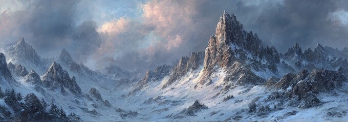 Snowy mountain range under dramatic sky