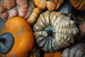 A close-up view of various colorful gourds and pumpkins, showcasing their unique textures and autumnal hues.