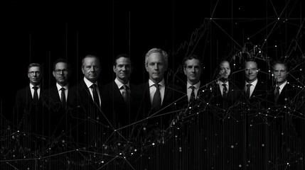 Executive Team Leadership: Black and White Portrait with Data Overlay