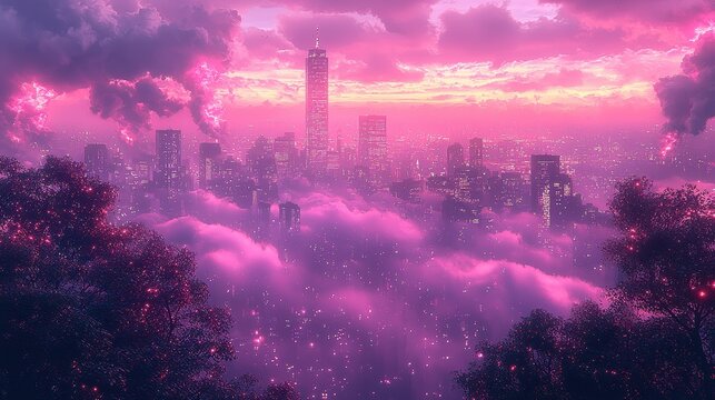 A futuristic cityscape ablaze with neon lights, where sleek skyscrapers pierce the sky, and a path of blinding speed light streaks across the urban landscape 