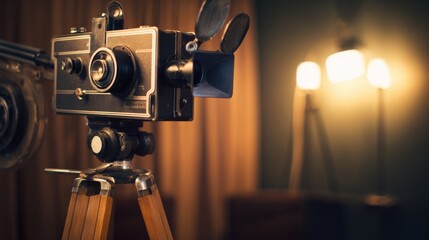 Fototapeta premium A vintage CCTV style camera mounted on a tripod with warm ambient lighting,