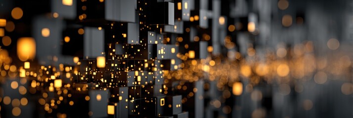 Abstract digital city of glowing cubes