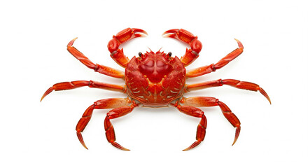 Bright red crab viewed from above with splayed legs on an isolated transparent background.