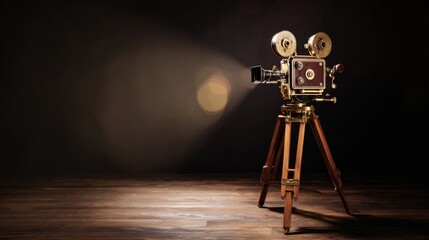 An antique wooden camera on a tripod stands elegantly on a hardwood floor,