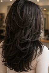 Woman flaunts feather haircut highlighting volume and soft flowing layers