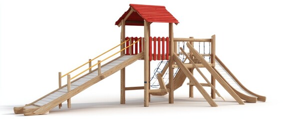 Wooden playground structure with red roof and slides