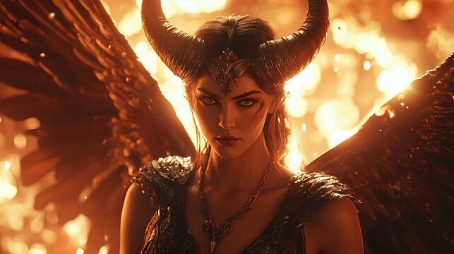 Maleficent Mistress of Evil: Dark Fantasy Film Still, Powerful Female Villain, Fiery Backdrop, Intriguing Gaze