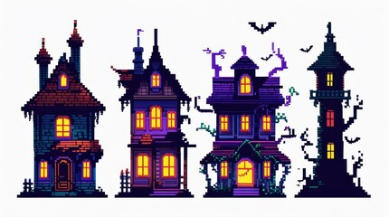 Four pixelated haunted houses with glowing windows bats flying above pixel art