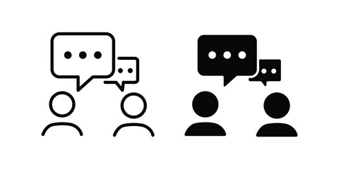 Communication icon vector set in black flat and line stroke style, Speaking people icon, Two people talking with speech bubbles icon.