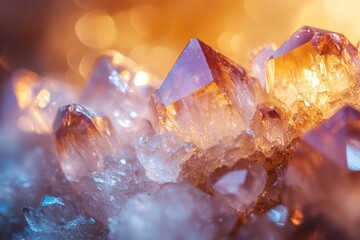 Obraz premium Close-up of sparkling quartz crystals with warm, orange-hued lighting, showcasing intricate details and textures.