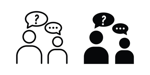 Communication icon vector set in black flat and line stroke style, Speaking people icon, Two people talking with speech bubbles icon.