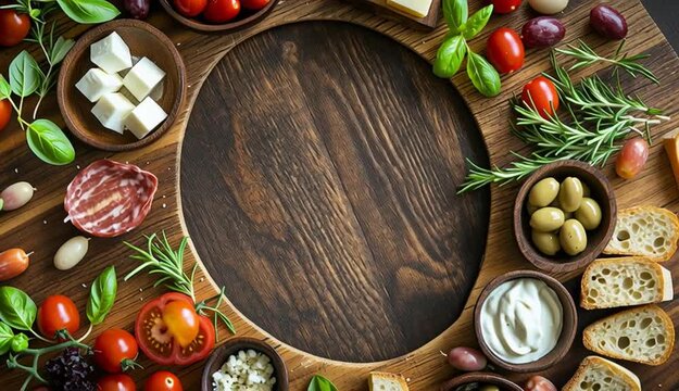 Mediterranean appetizer spread arranged in border frame around empty center, wooden bowls with red and green olives, white cheese cubes, fresh basil leaves, cherry tomatoes