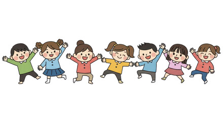 Joyful diverse children celebrating together with raised hands and happy smiles in a playful group