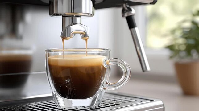 Espresso Potion: A glistening stream of rich, aromatic espresso cascades into a crystal clear cup, creating a symphony of flavors and textures against the backdrop of a modern espresso machine.