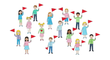 Diverse children cheerfully holding red flags, ready for adventure and learning together
