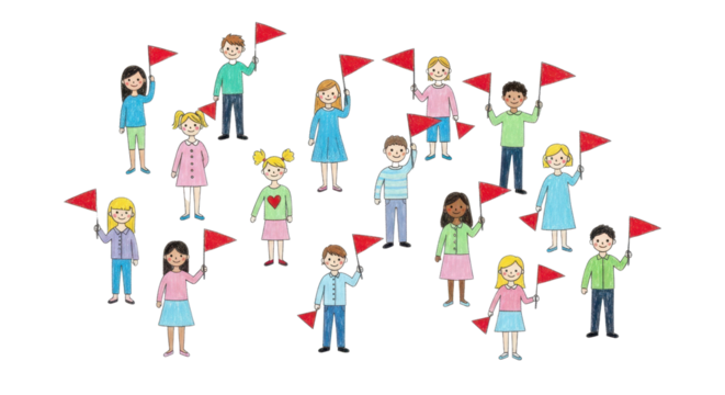 Diverse children cheerfully holding red flags, ready for adventure and learning together
