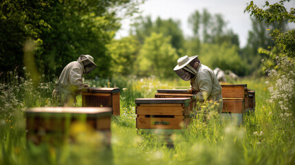 Obraz premium Beekeepers Working in Flower Meadow with Wooden Hives. Ai gen. 
