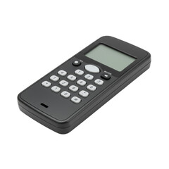 A compact, matte black electronic spell checker with a monochromatic LCD and tactile QWERTY keypad, centered on a transparent, seamless studio background, 3/4 overhead, no shadows. Concept of precise
