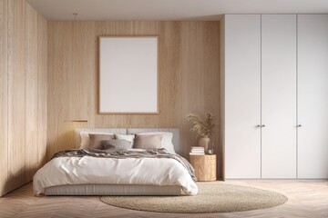 Modern bedroom with light wood accents and a large blank canvas