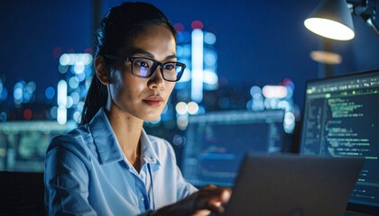 A programmer working in low light, with a serious look in his eyes