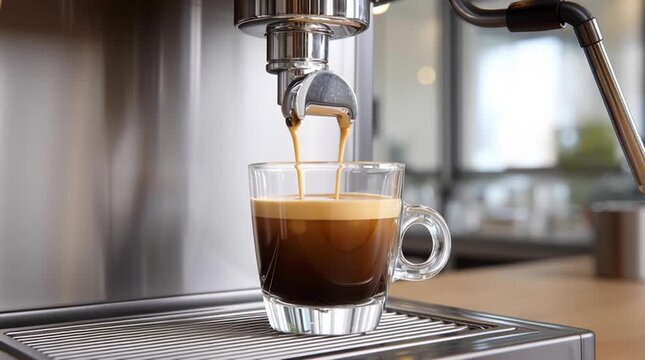 Freshly Brewed Espresso: A close-up shot captures the artistry of espresso making. A stream of rich, dark coffee flows perfectly into a clear glass cup. 