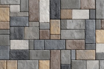 Stone pavement with a pattern of interlocking rectangular and square pavers in gray tan and beige tones