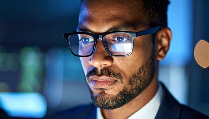 A programmer working in low light, with a serious look in his eyes