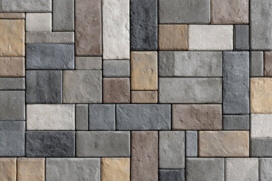 Stone pavement with a pattern of interlocking rectangular and square pavers in gray tan and beige tones