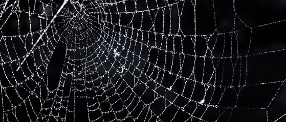 Naklejka premium Bold spider web with distinct spiral loops and radial lines; high-contrast dramatic composition for abstract or graphic design.