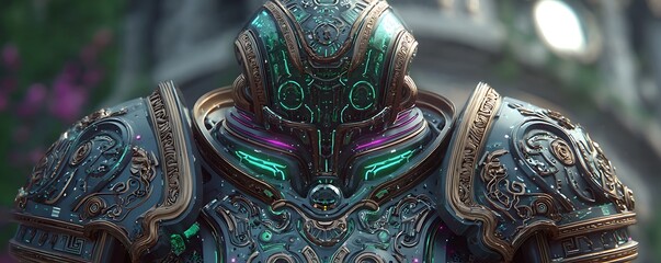 Fototapeta premium Retro space armor with stylized Roman detailing and neon circuitry glow