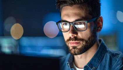 Fototapeta premium A programmer working in low light, with a serious look in his eyes