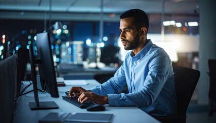 A programmer working in low light, with a serious look in his eyes