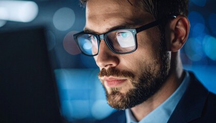 A programmer working in low light, with a serious look in his eyes