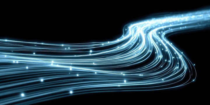 Abstract light trails curve across dark background