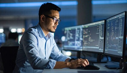 A programmer working in low light, with a serious look in his eyes
