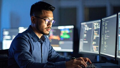 A programmer working in low light, with a serious look in his eyes