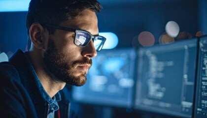 A programmer working in low light, with a serious look in his eyes