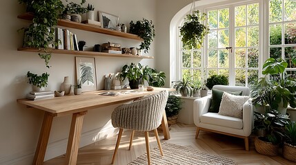 Fototapeta premium Bright home office interior with wooden desk chair plants shelves and large window overlooking