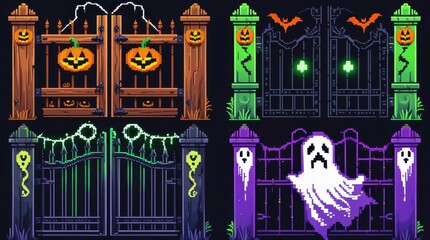 Obraz premium Pixel art collection of four different Halloween themed gates with pumpkins ghosts bats and glowing elements