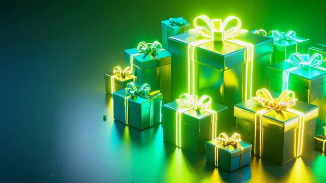 Many gift boxes with glowing neon ribbons are filling a dark room, creating a festive atmosphere.