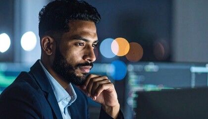 A programmer working in low light, with a serious look in his eyes