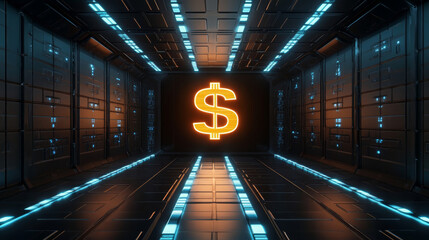 Futuristic concept of digital bank featuring glowing dollar sign in high tech environment