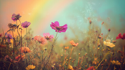 Fototapeta premium A Polaroid photo of flowers in a field, with a rainbow in the background, Soft, dreamy lighting creates a nostalgic and whimsical mood.