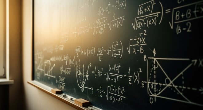 A chalkboard filled with complex mathematical equations and graphs, illuminated by a soft, warm light