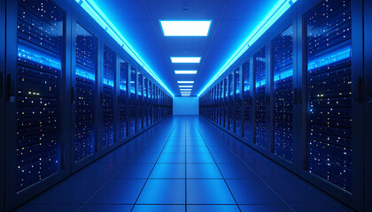 Futuristic corridor of a modern data center with rows of server racks illuminated by glowing blue neon lights for cloud computing.