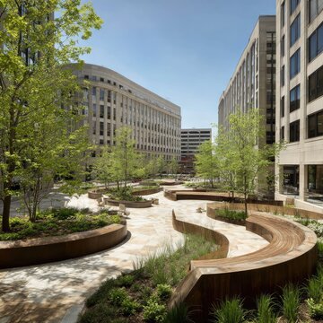 Urban courtyard with curving benches and greenery